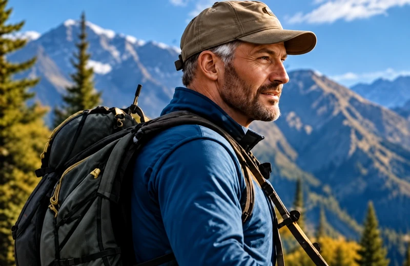 A mature hiker looking ahead on a mountain trail